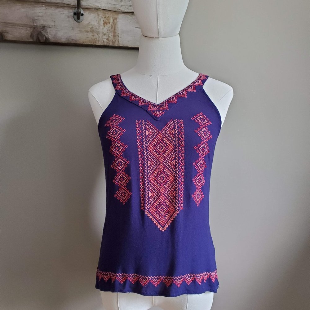 Skies are Blue Sleeveless V-Neck Top w/ Embroidery